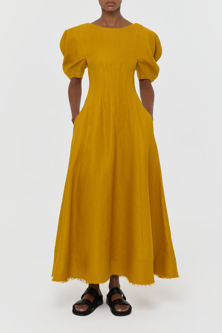 Ranya Puff Sleeve Maxi Dress in Golden Birch Linen Twill