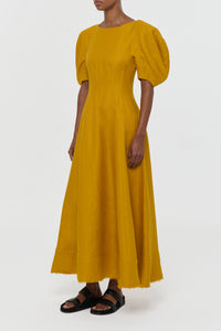 Ranya Puff Sleeve Maxi Dress in Golden Birch Linen Twill