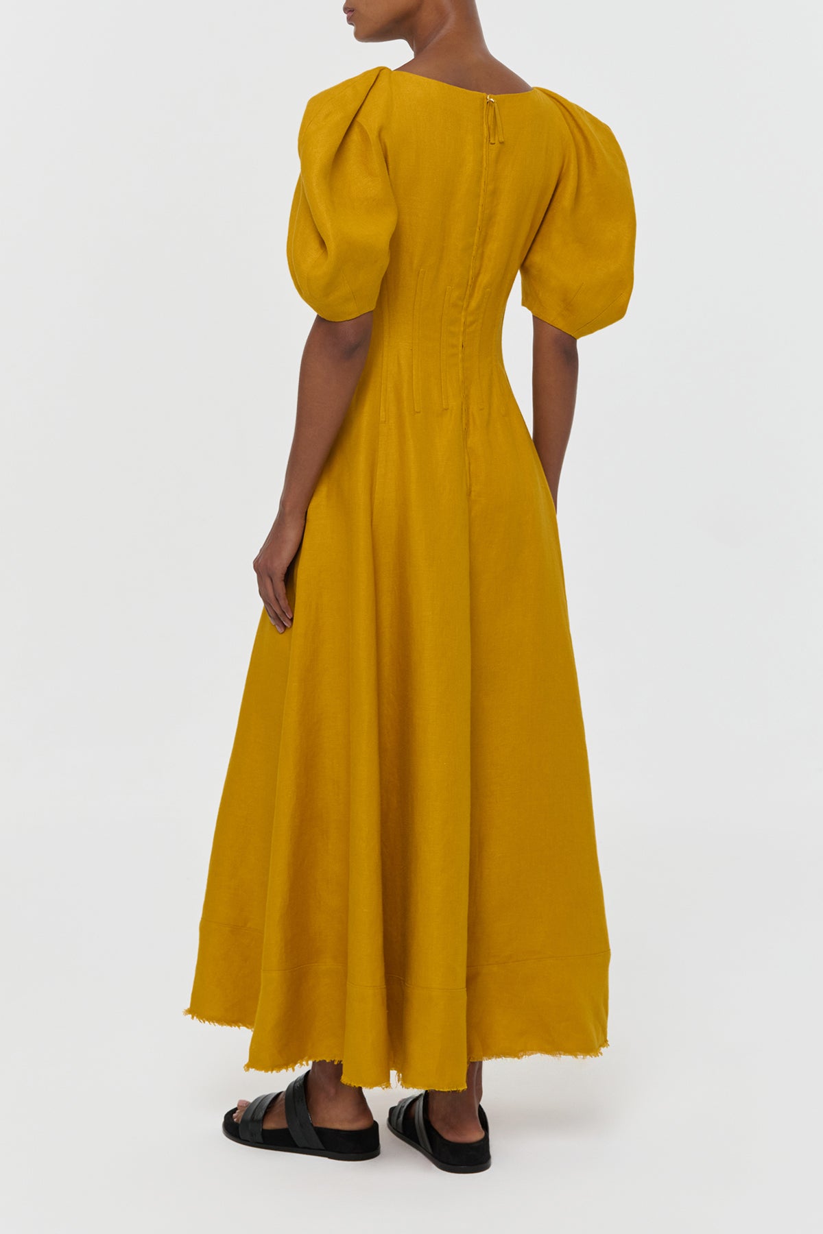Ranya Puff Sleeve Maxi Dress in Golden Birch Linen Twill