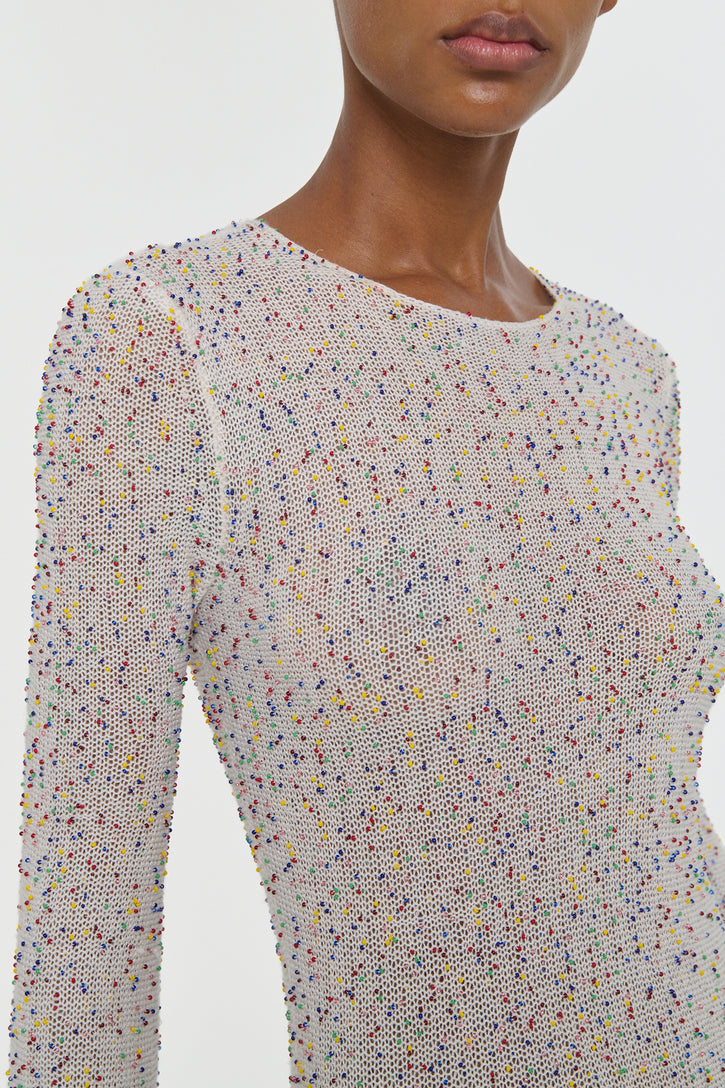 Chandra Knit Maxi Dress in Ivory Multi Beaded Cashmere Silk