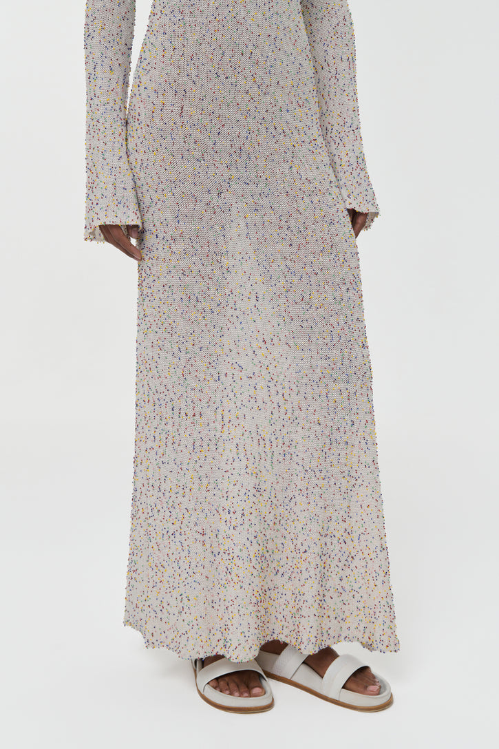 Chandra Knit Maxi Dress in Ivory Multi Beaded Cashmere Silk
