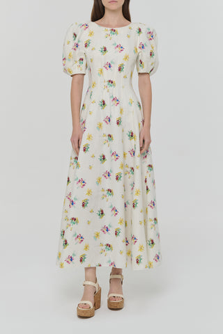 Ivory Floral Linen Ranya Maxi Dress with Puff Sleeves - Front View | Gabriela Hearst