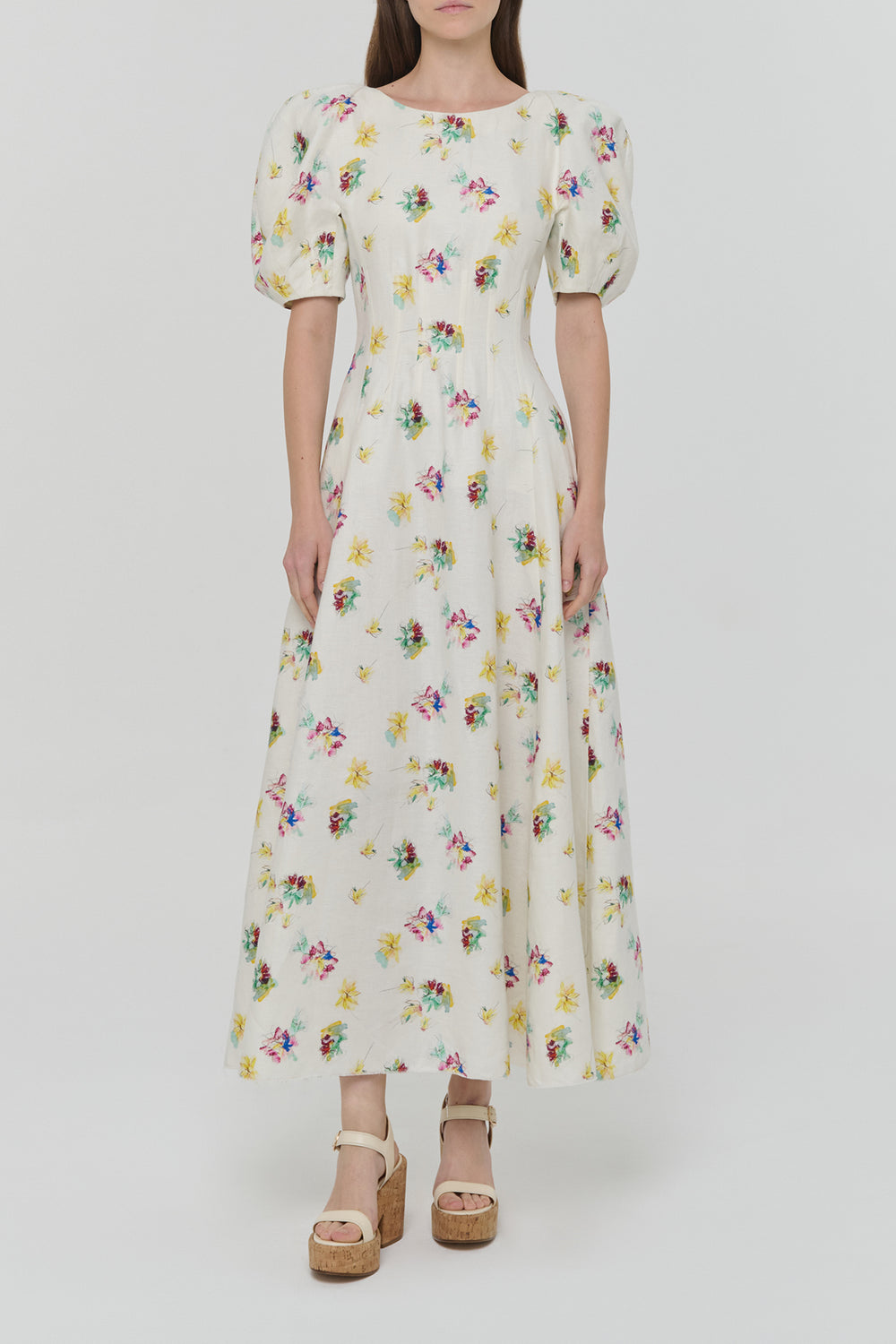 Ranya Puff Sleeve Mia's Flowers Maxi Dress in Ivory Multi Printed Linen Twill