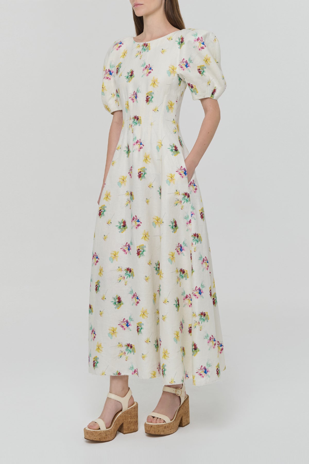Ranya Puff Sleeve Mia's Flowers Maxi Dress in Ivory Multi Printed Linen Twill