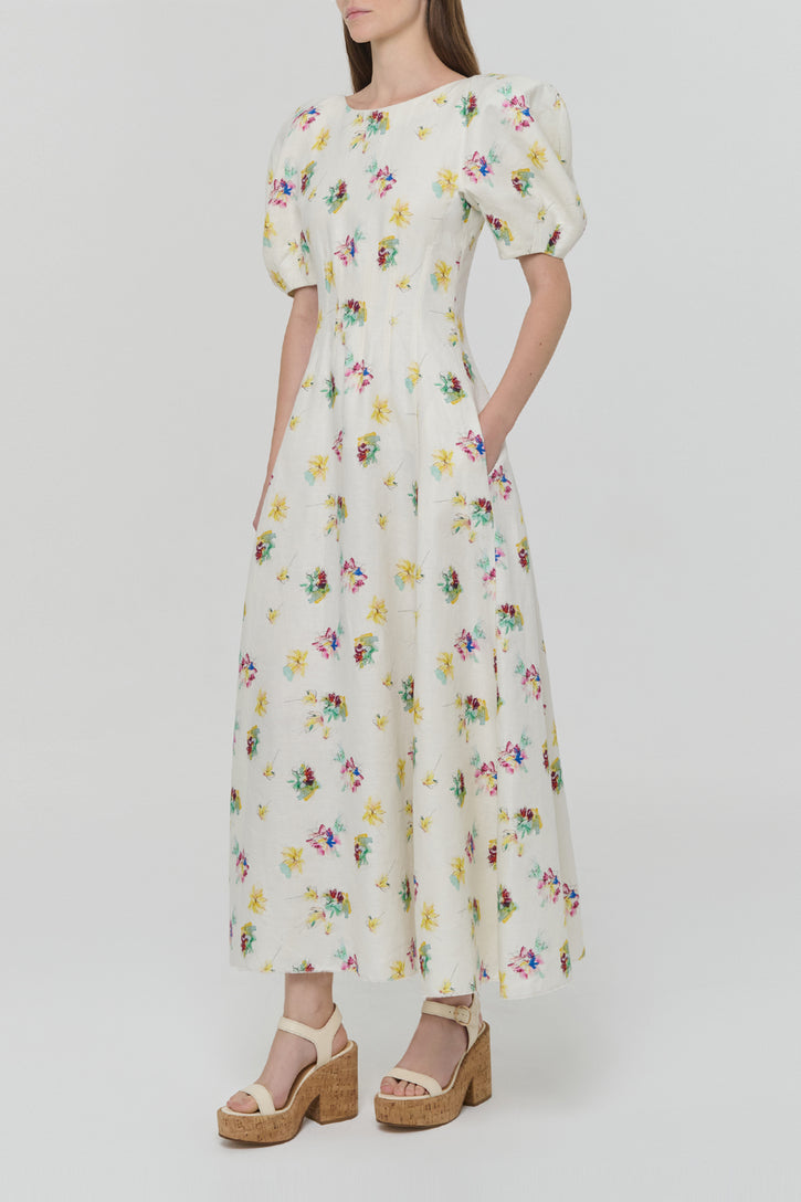 Ranya Puff Sleeve Mia's Flowers Maxi Dress in Ivory Multi Printed Linen Twill