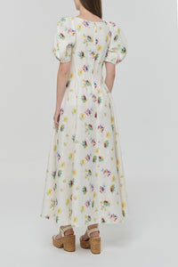 Ranya Puff Sleeve Mia's Flowers Maxi Dress in Ivory Multi Printed Linen Twill