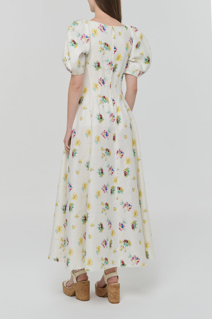 Ranya Puff Sleeve Mia's Flowers Maxi Dress in Ivory Multi Printed Linen Twill