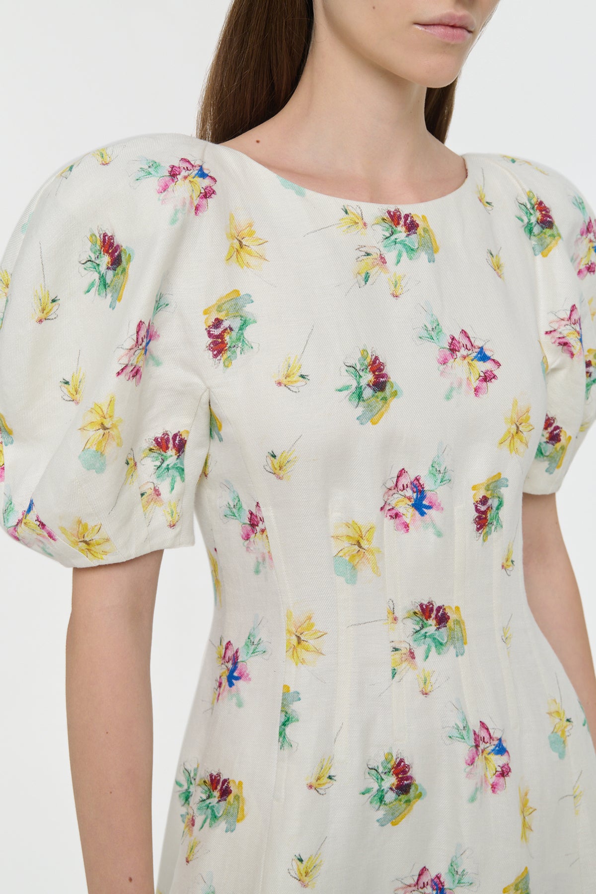 Ranya Puff Sleeve Mia's Flowers Maxi Dress in Ivory Multi Printed Linen Twill