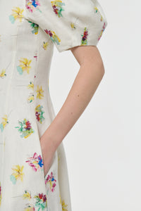 Ranya Puff Sleeve Mia's Flowers Maxi Dress in Ivory Multi Printed Linen Twill