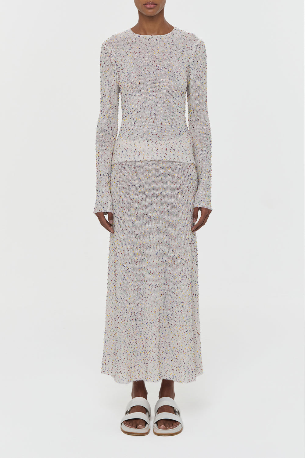 Sabine Knit Midi Skirt in Ivory Multi Beaded Cashmere Silk