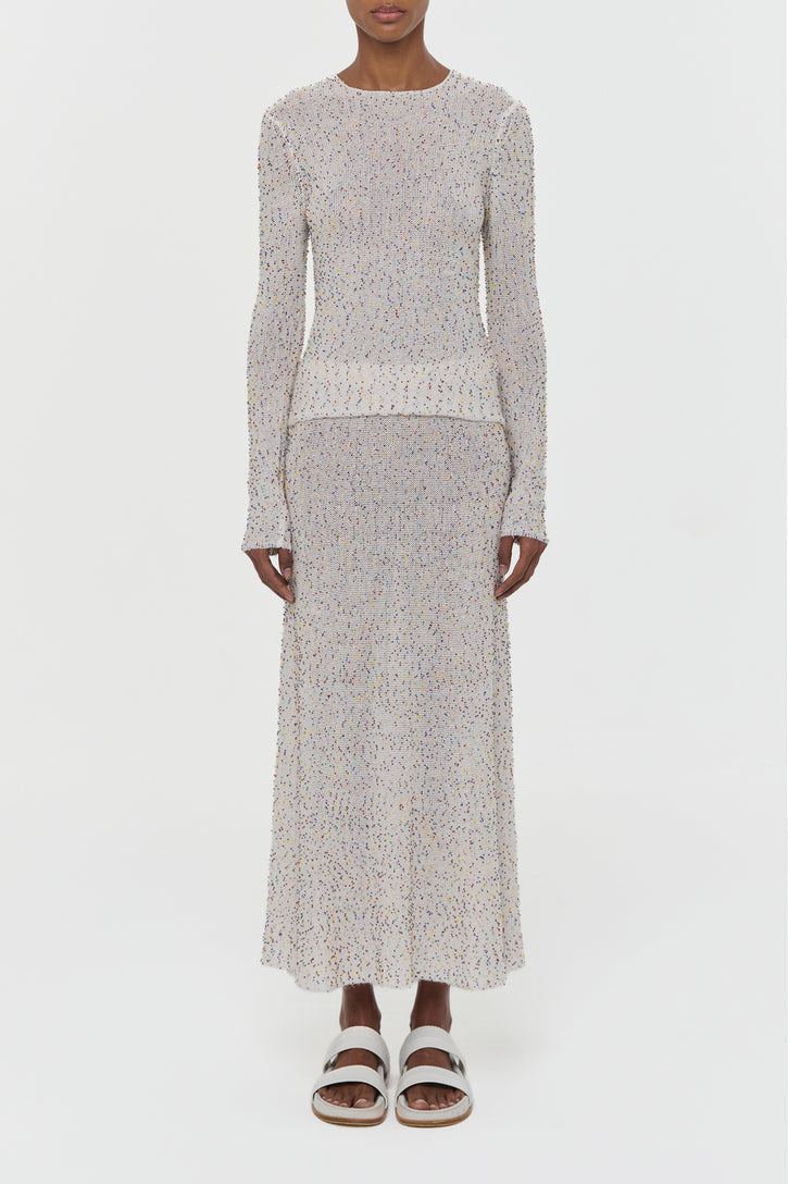 Sabine Knit Midi Skirt in Ivory Multi Beaded Cashmere Silk
