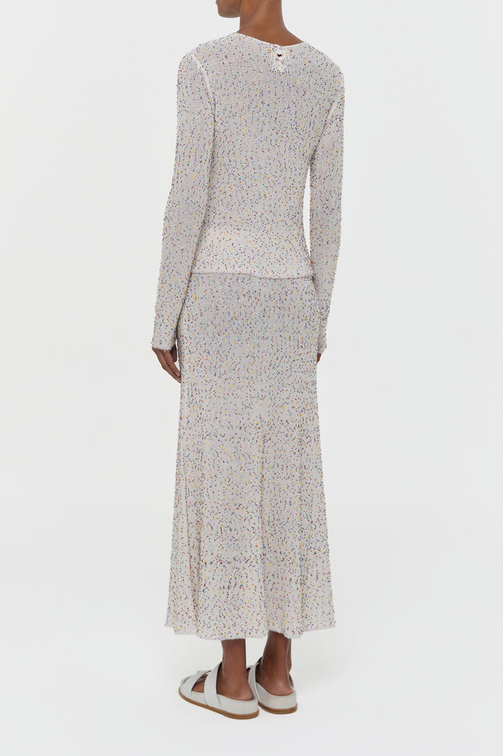 Sabine Knit Midi Skirt in Ivory Multi Beaded Cashmere Silk