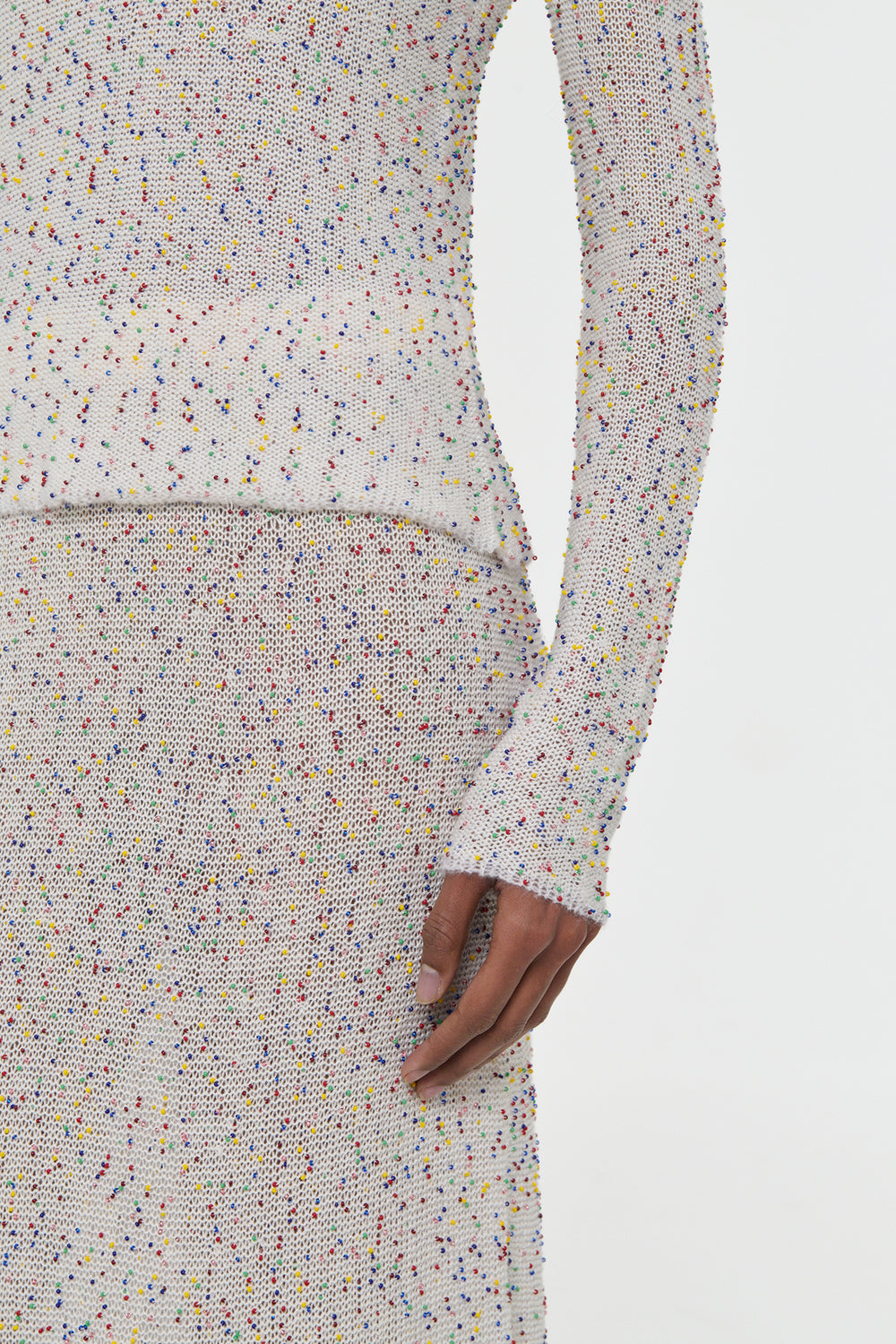 Nello Knit Sweater in Ivory Multi Beaded Cashmere Silk