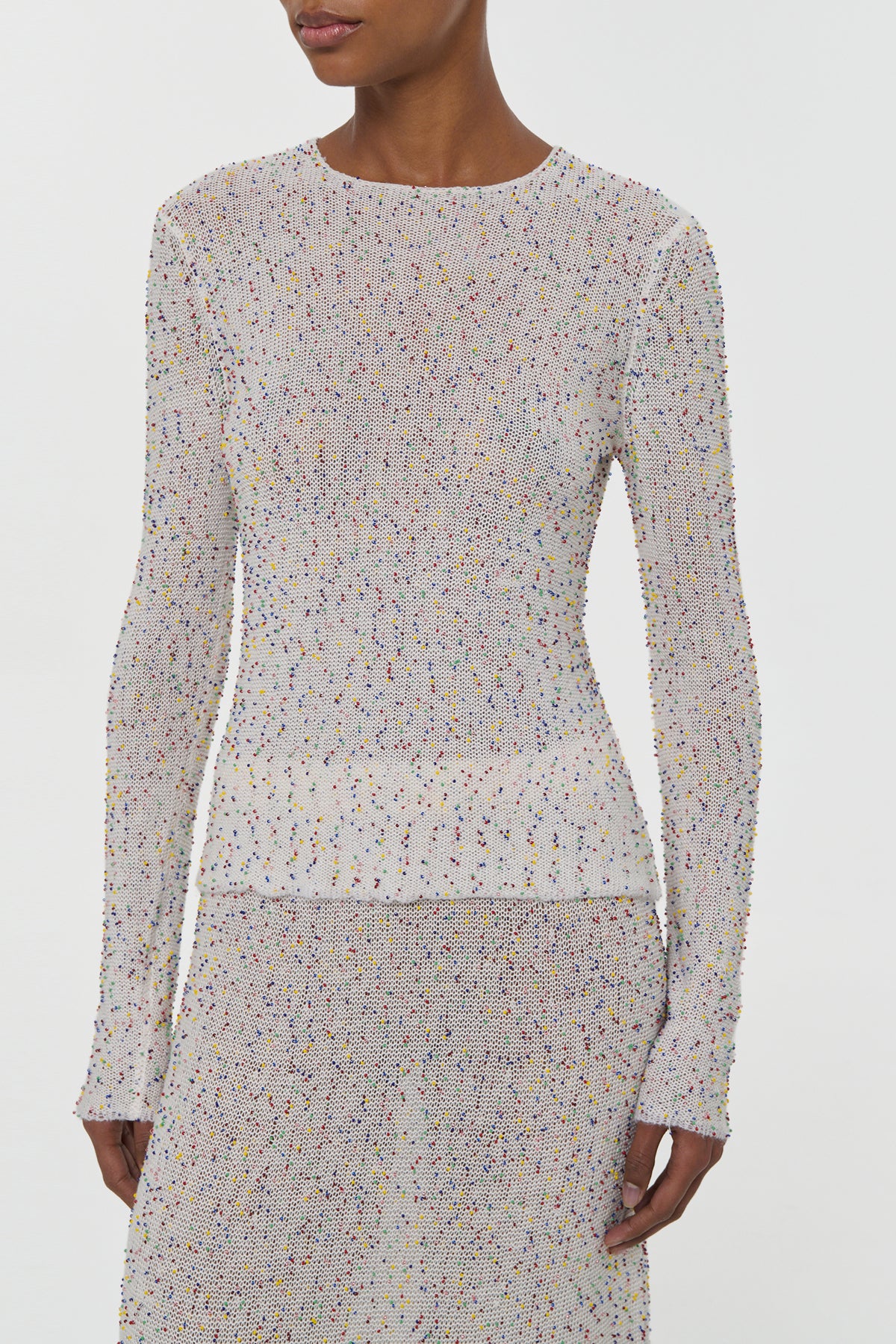 Nello Knit Sweater in Ivory Multi Beaded Cashmere Silk