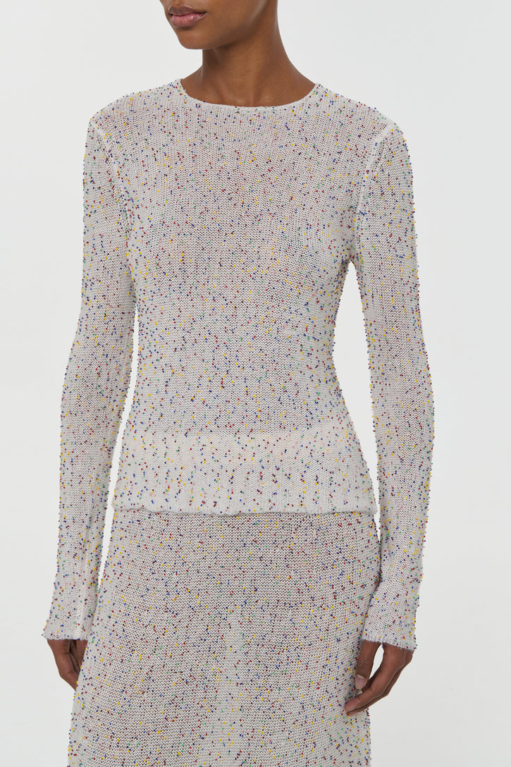 Nello Knit Sweater in Ivory Multi Beaded Cashmere Silk