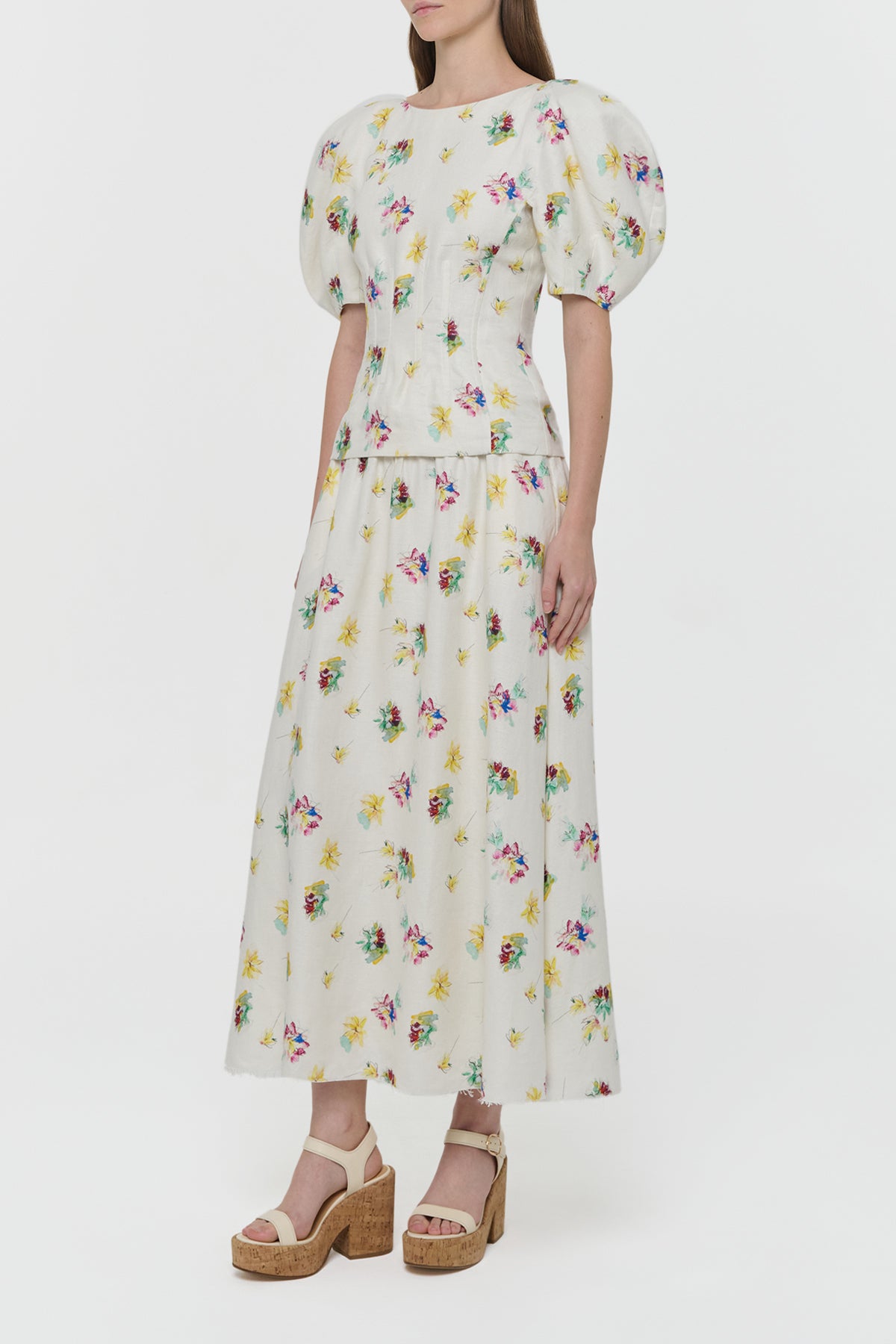 Ayelet Puff Sleeve Mia's Flowers Top in Ivory Multi Printed Linen Twill