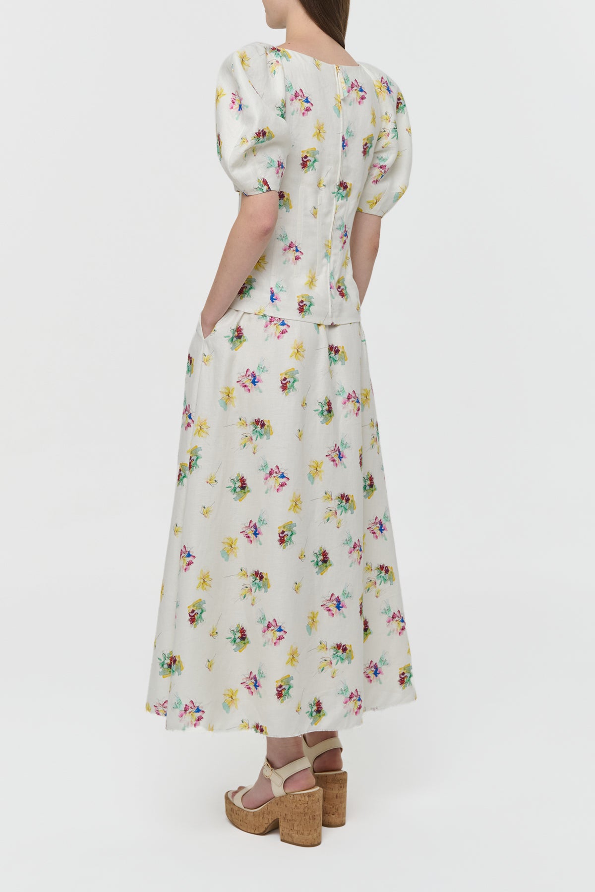 Ayelet Puff Sleeve Mia's Flowers Top in Ivory Multi Printed Linen Twill