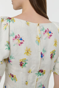 Ayelet Puff Sleeve Mia's Flowers Top in Ivory Multi Printed Linen Twill
