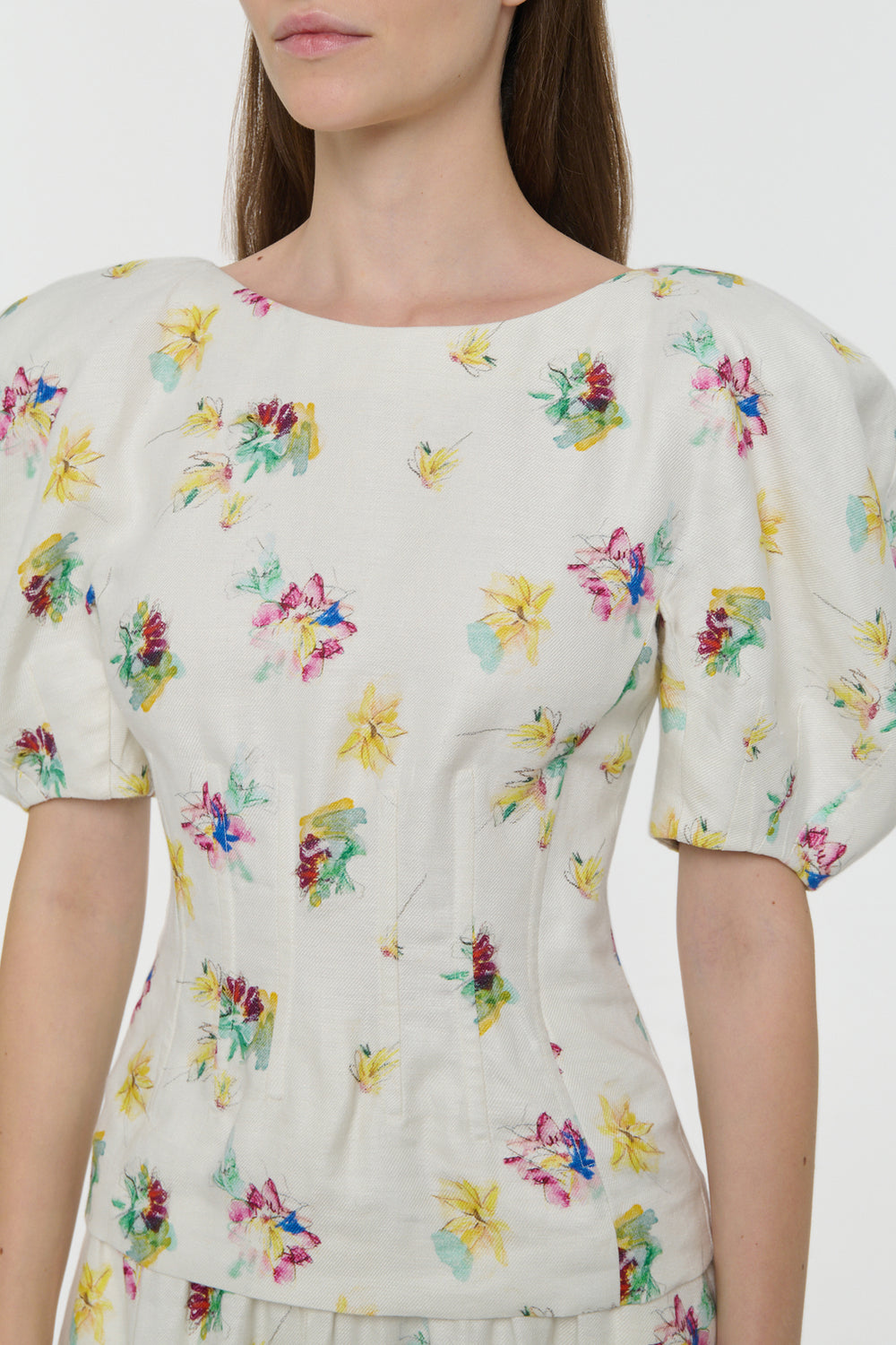 Ayelet Puff Sleeve Mia's Flowers Top in Ivory Multi Printed Linen Twill
