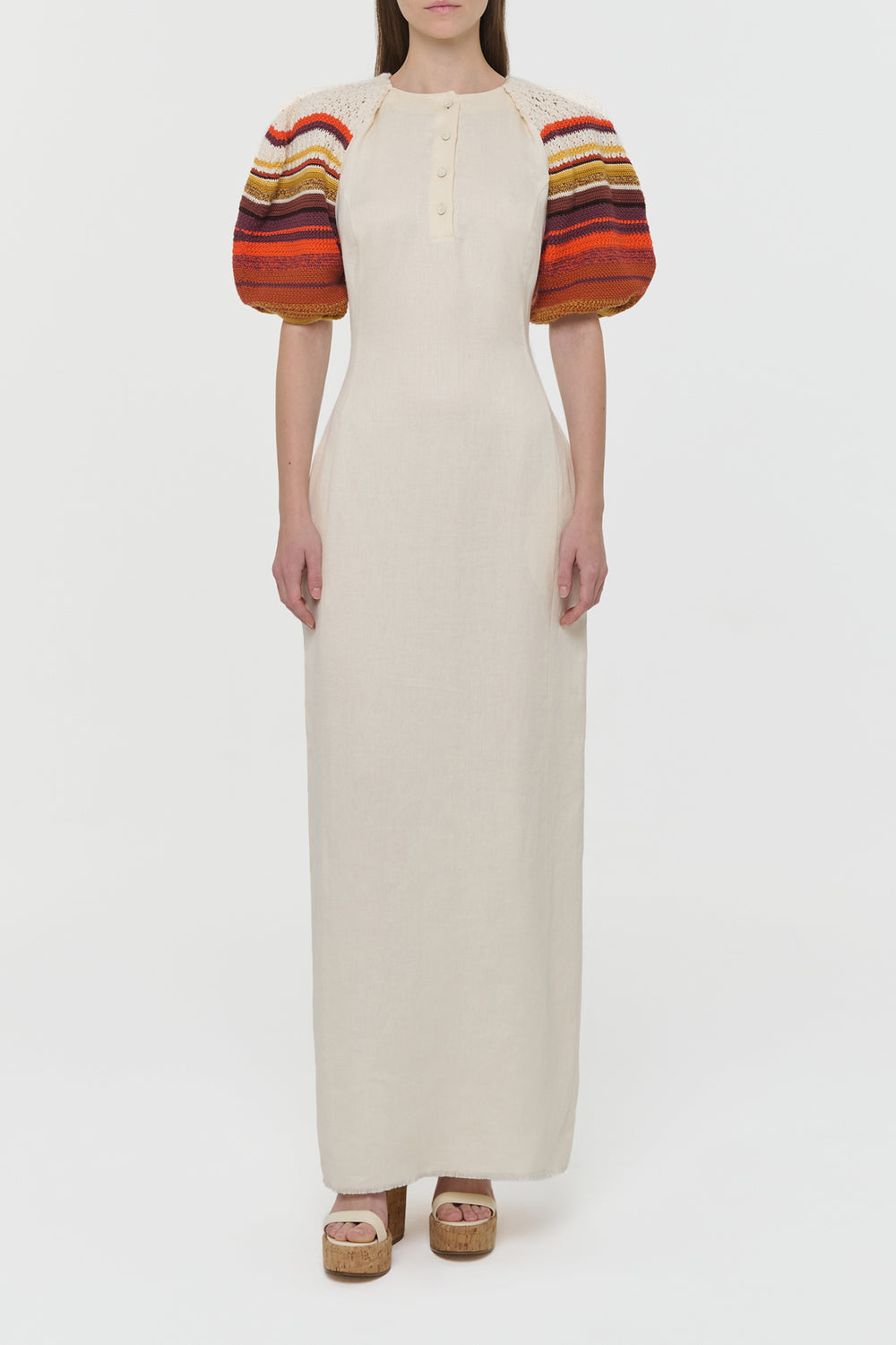 Nomo Crochet Puff Sleeve Maxi Dress in Ivory Textured Linen Twill