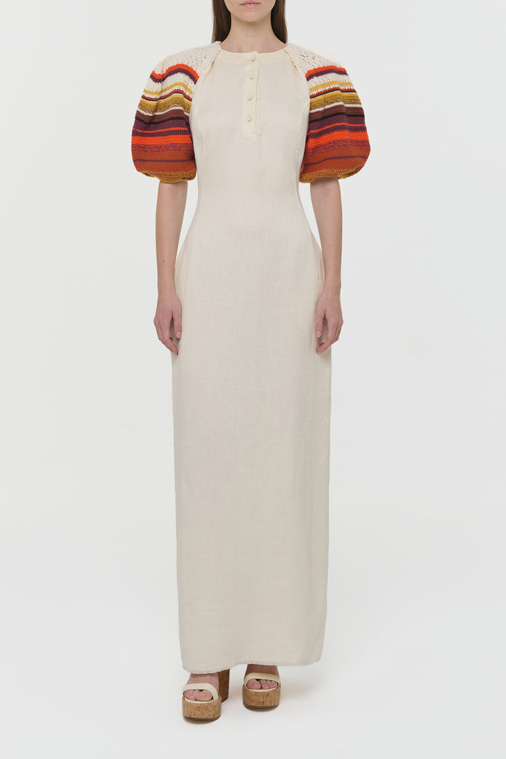 Nomo Crochet Puff Sleeve Maxi Dress in Ivory Textured Linen Twill
