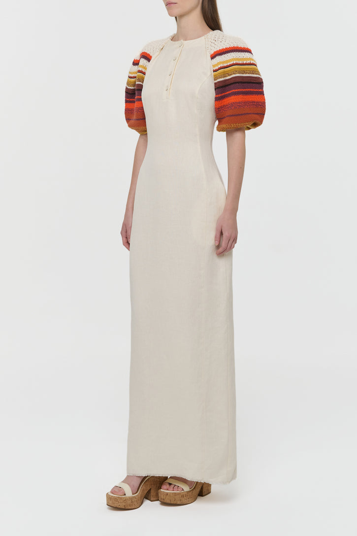 Nomo Crochet Puff Sleeve Maxi Dress in Ivory Textured Linen Twill