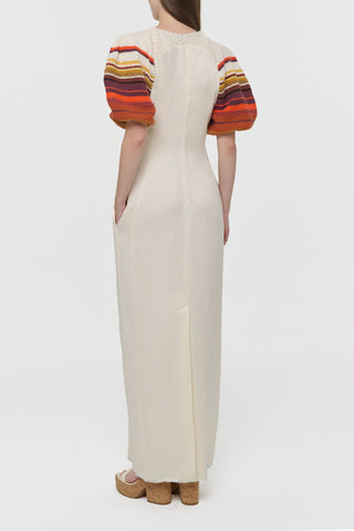 Ivory Linen Column Dress with Hand-Crochet Sleeves - Back View | Gabriela Hearst