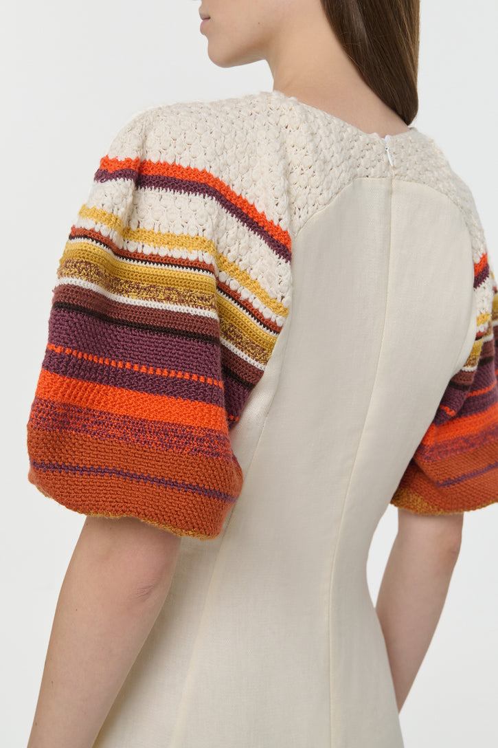 Nomo Crochet Puff Sleeve Maxi Dress in Ivory Textured Linen Twill