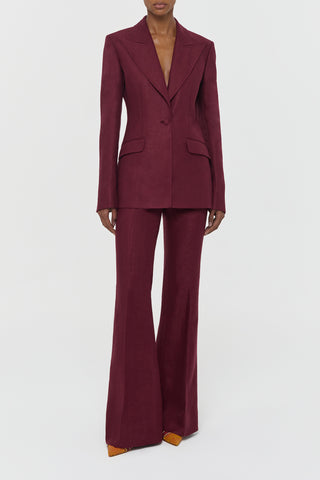 Bordeaux Linen Leiva Blazer Suit - Full Look On Model | Gabriela Hearst