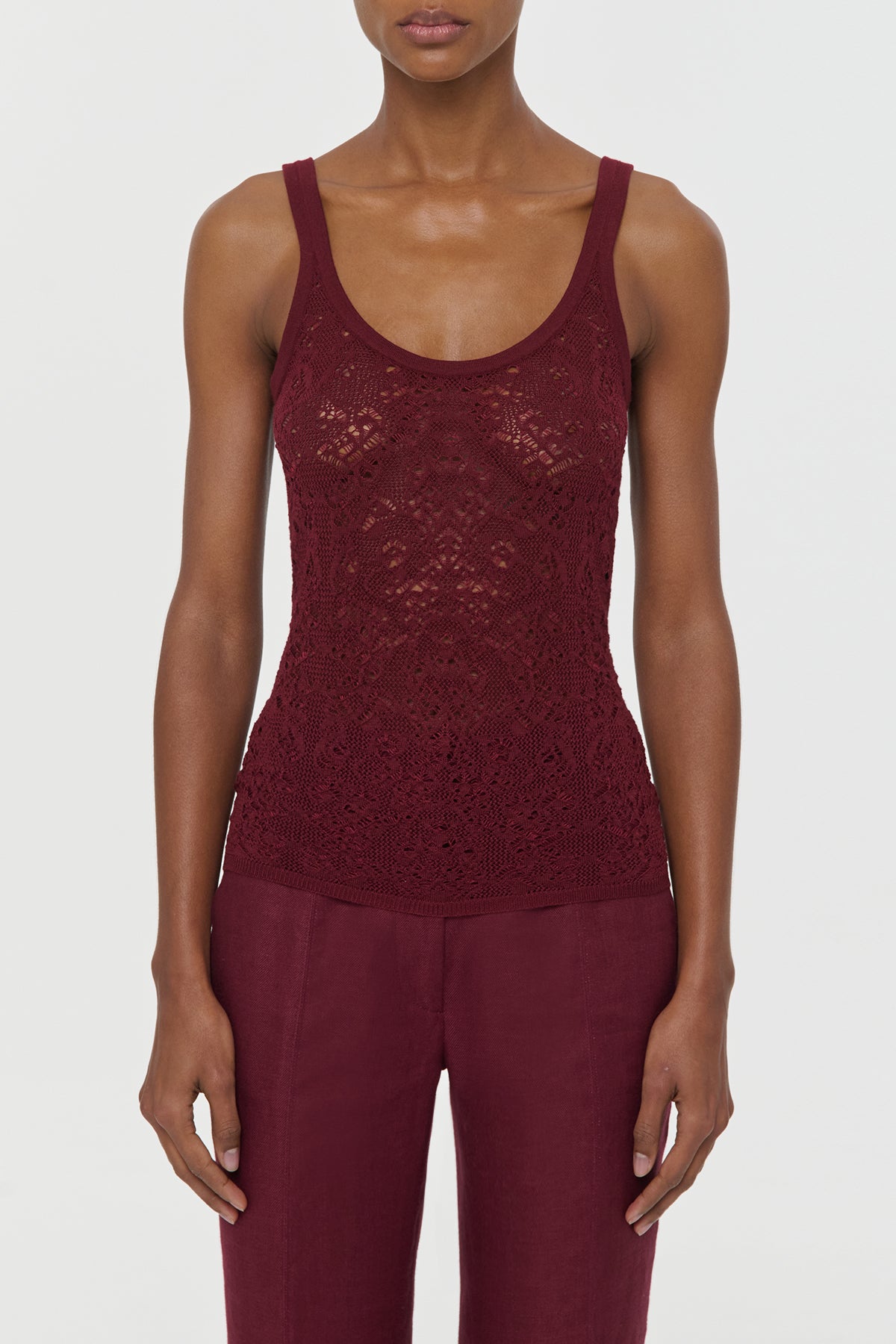 Cyrinne Lace Knit Tank Top in Bordeaux Merino Wool