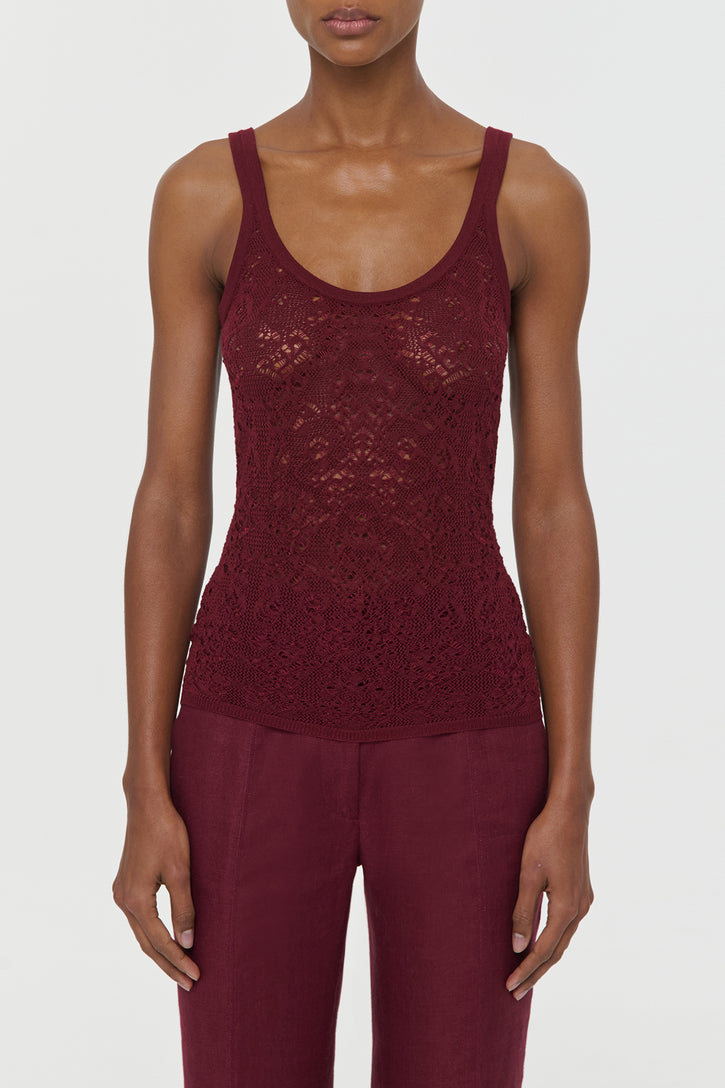 Cyrinne Lace Knit Tank Top in Bordeaux Merino Wool