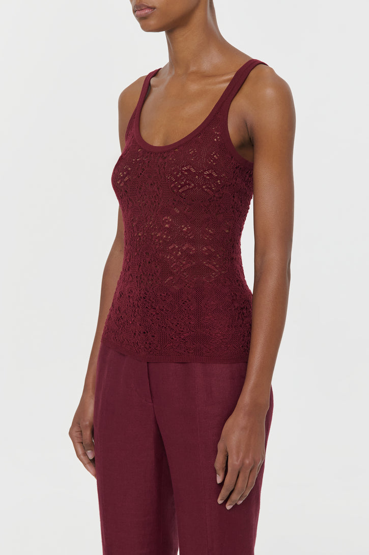 Cyrinne Lace Knit Tank Top in Bordeaux Merino Wool