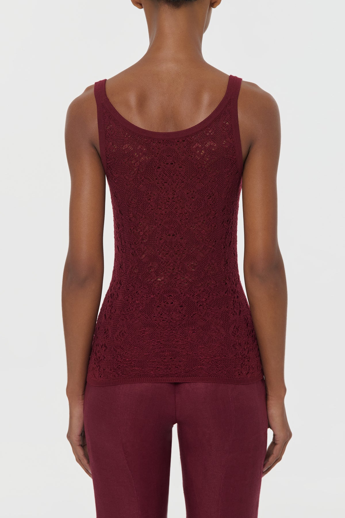 Cyrinne Lace Knit Tank Top in Bordeaux Merino Wool