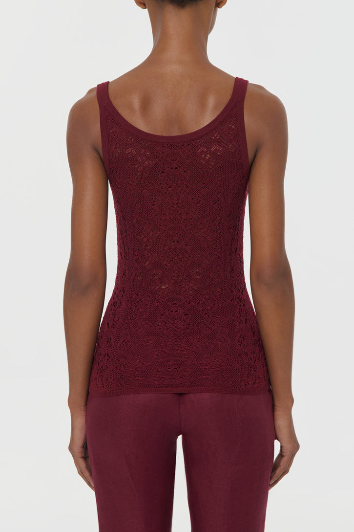 Cyrinne Lace Knit Tank Top in Bordeaux Merino Wool