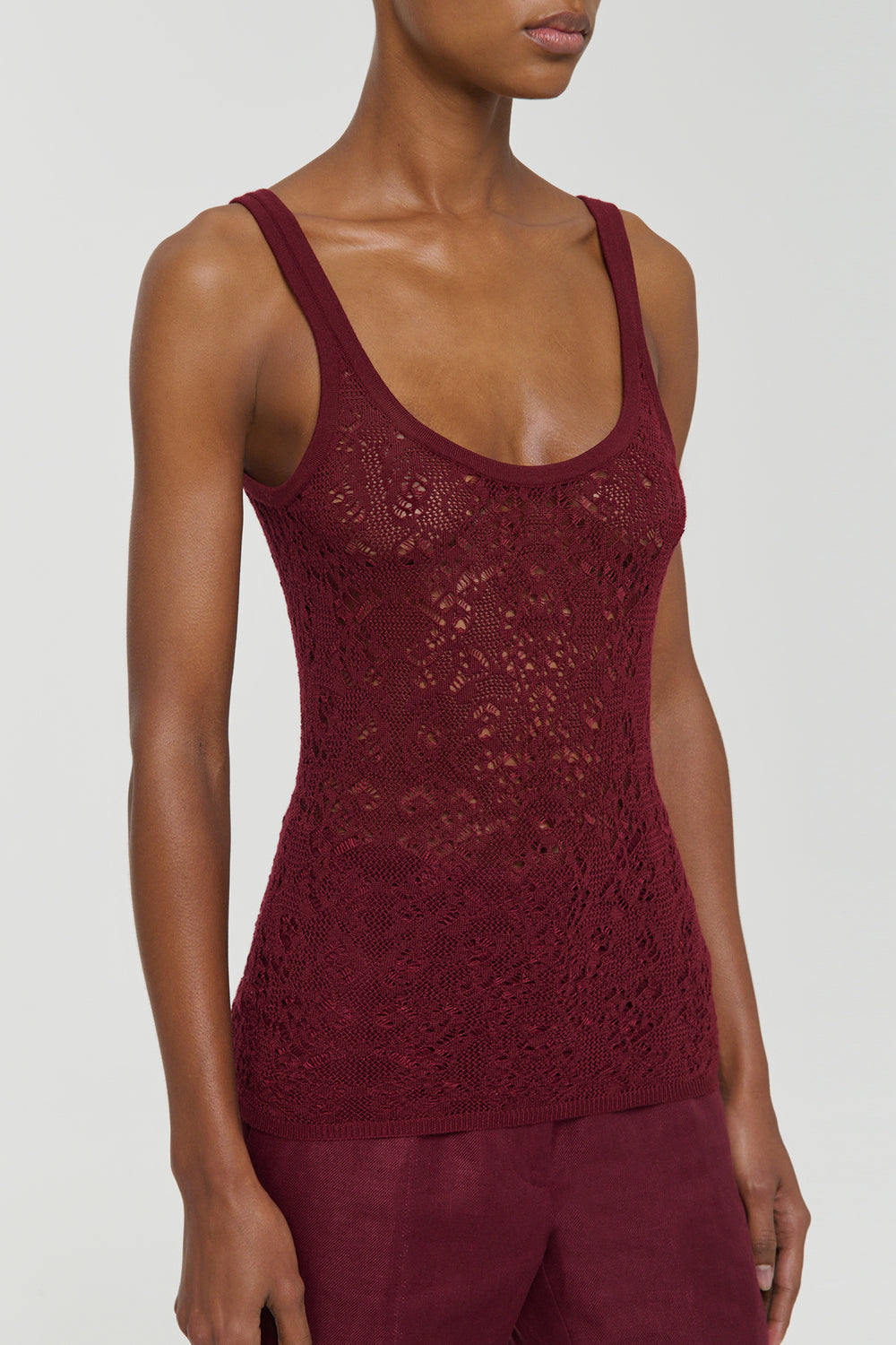 Cyrinne Lace Knit Tank Top in Bordeaux Merino Wool