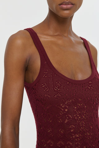 Bordeaux Merino Wool Lace Knit Tank Top - Scoop Neck & Lace Detail Close-Up | Gabriela Hearst
