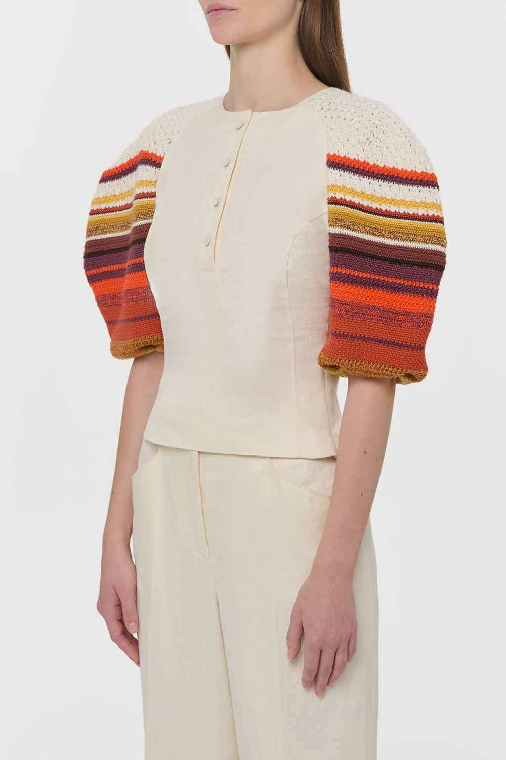 Elira Crochet Puff Sleeve Top in Ivory Textured Linen Slub