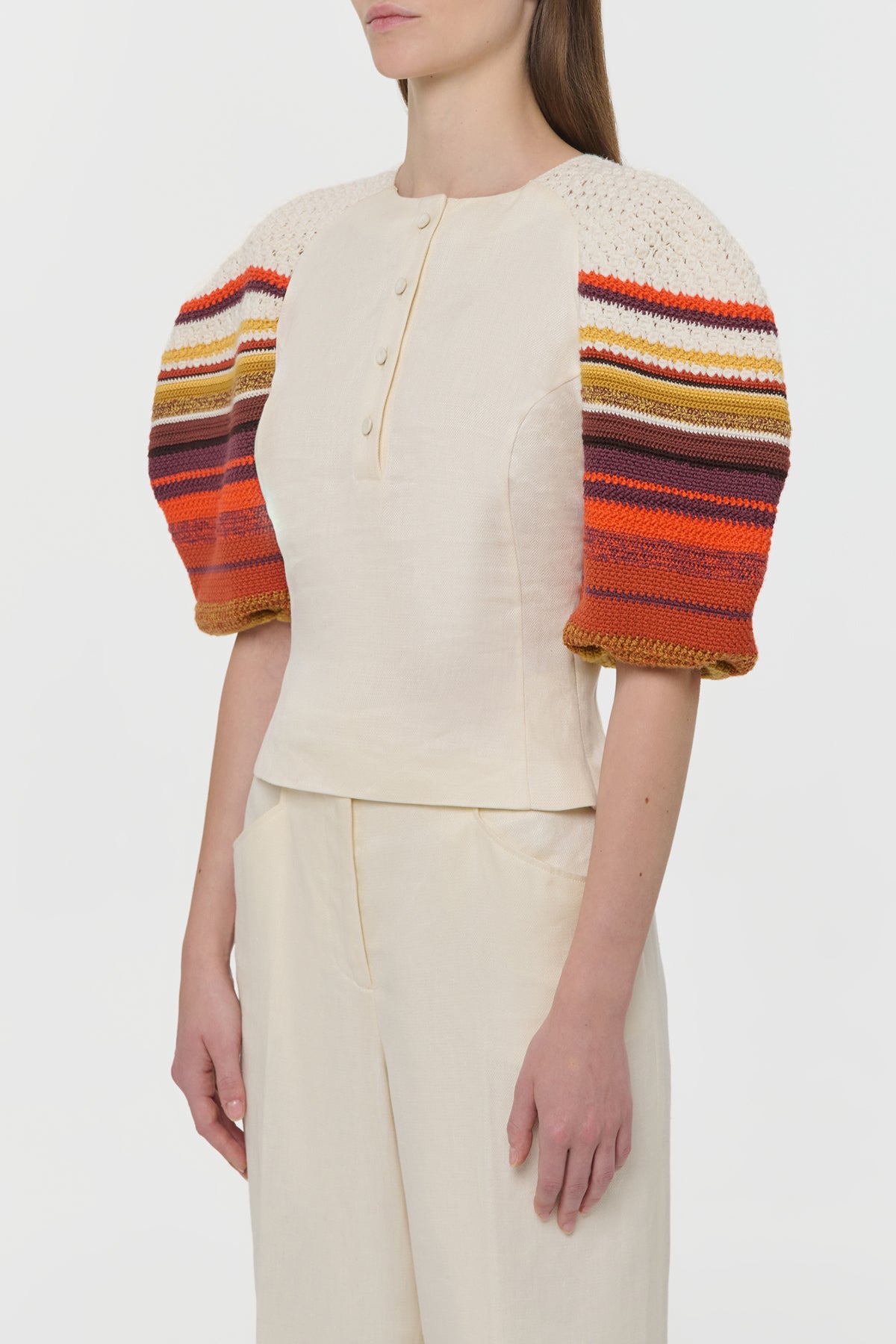 Elira Crochet Puff Sleeve Top in Ivory Textured Linen Slub