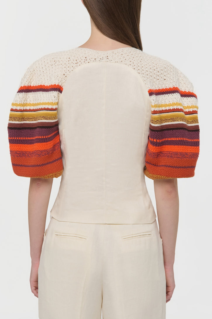 Elira Crochet Puff Sleeve Top in Ivory Textured Linen Slub