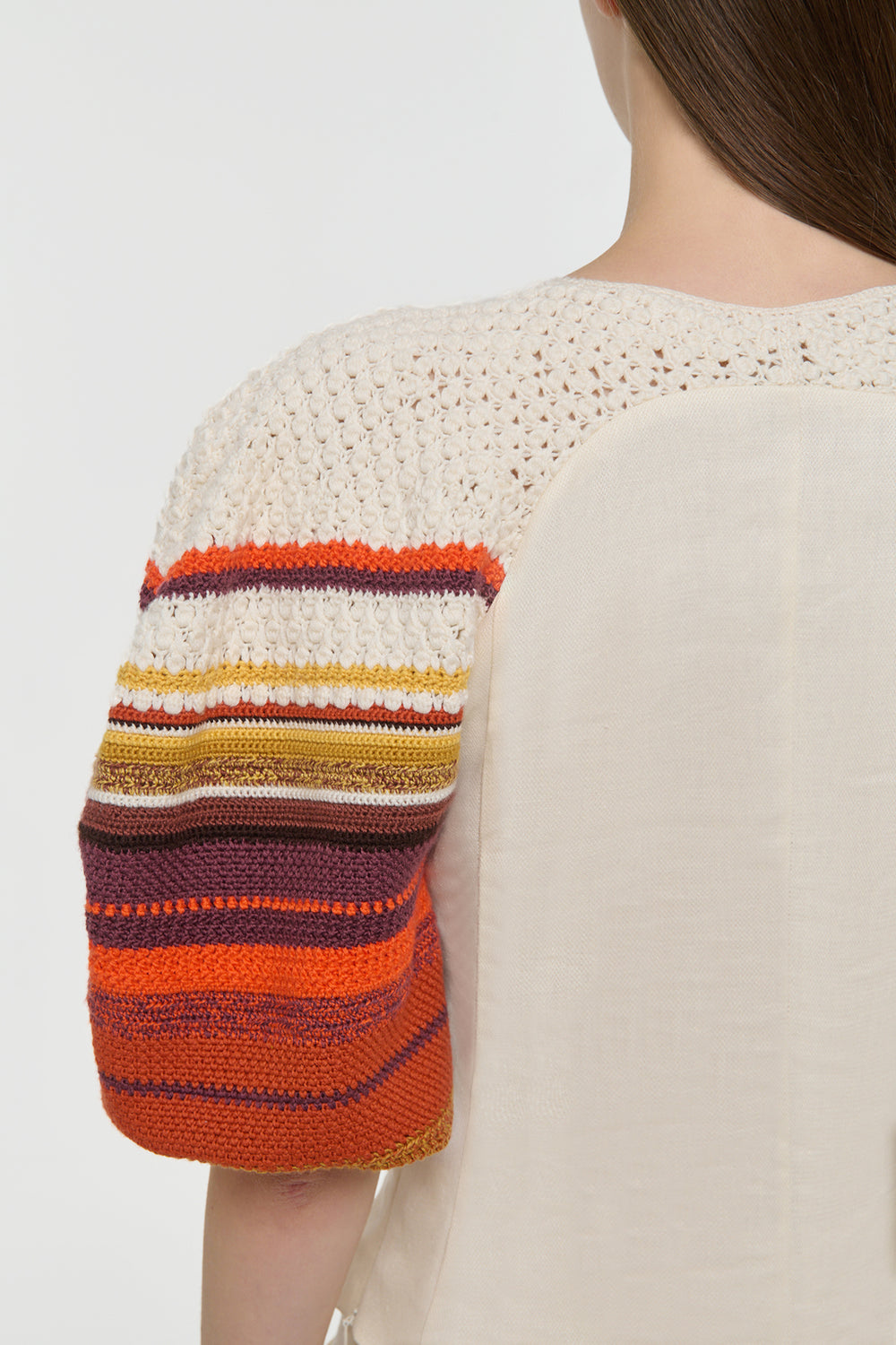 Elira Crochet Puff Sleeve Top in Ivory Textured Linen Slub