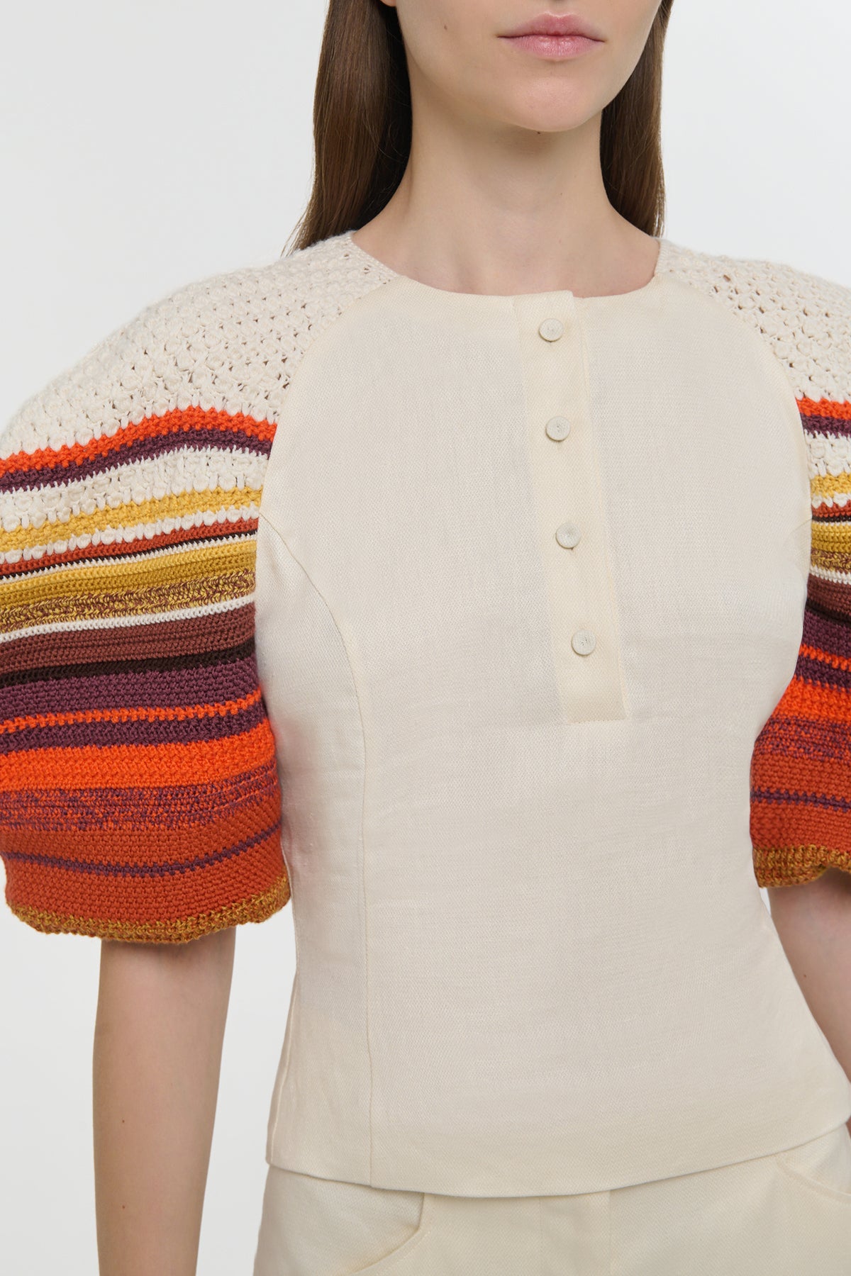 Elira Crochet Puff Sleeve Top in Ivory Textured Linen Slub