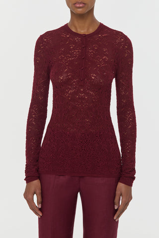 Bordeaux Lace Knit Henley - Front View On Model | Gabriela Hearst