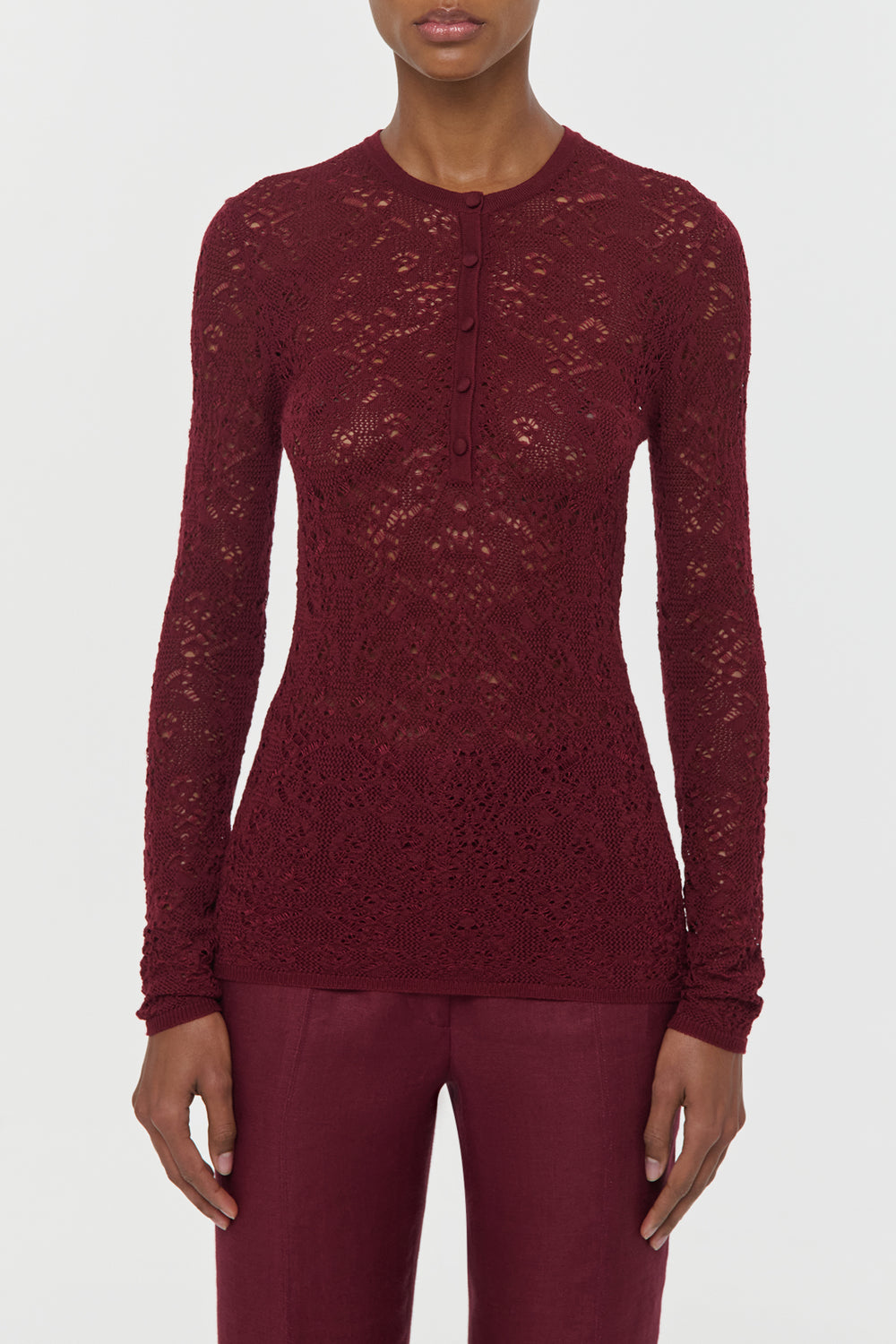 Gaviran Lace Knit Henley in Bordeaux Merino Wool