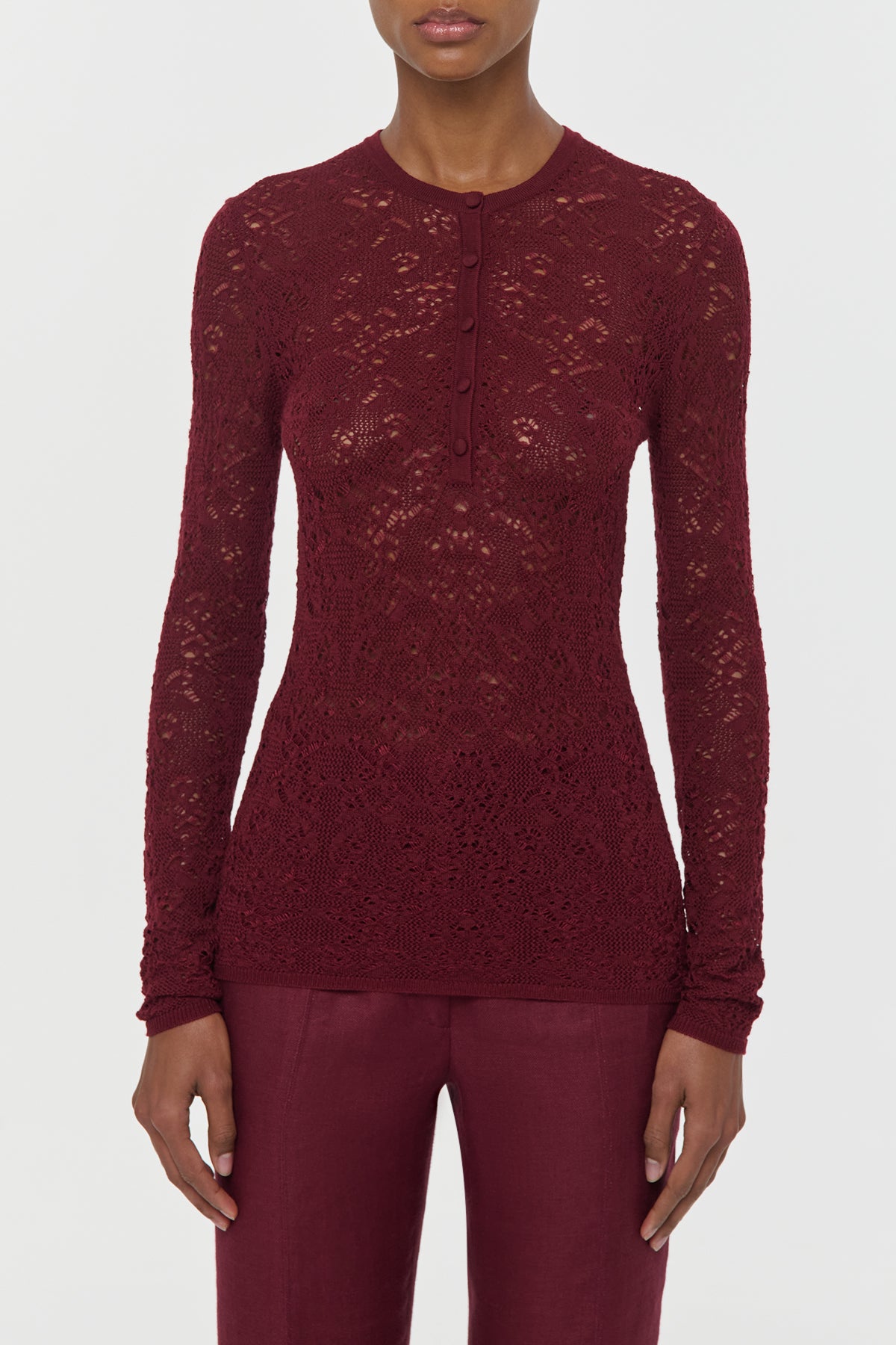 Gaviran Lace Knit Henley in Bordeaux Merino Wool
