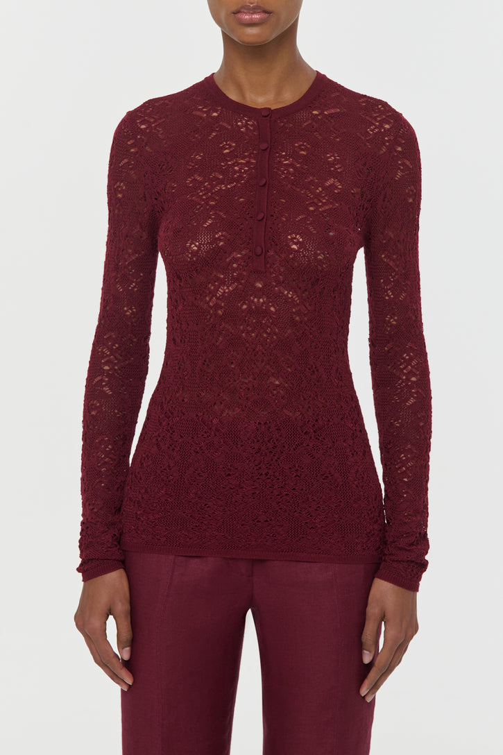 Gaviran Lace Knit Henley in Bordeaux Merino Wool