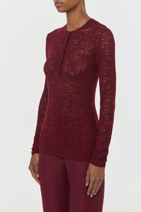 Gaviran Lace Knit Henley in Bordeaux Merino Wool