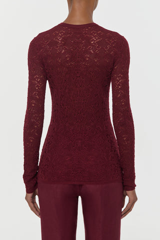 Bordeaux Lace Knit Henley - Back View On Model | Gabriela Hearst