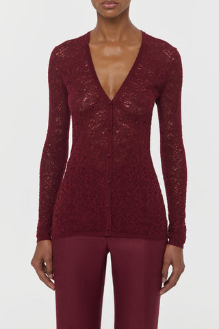 Bordeaux Lace Knit Cardigan - Front View On Model | Gabriela Hearst