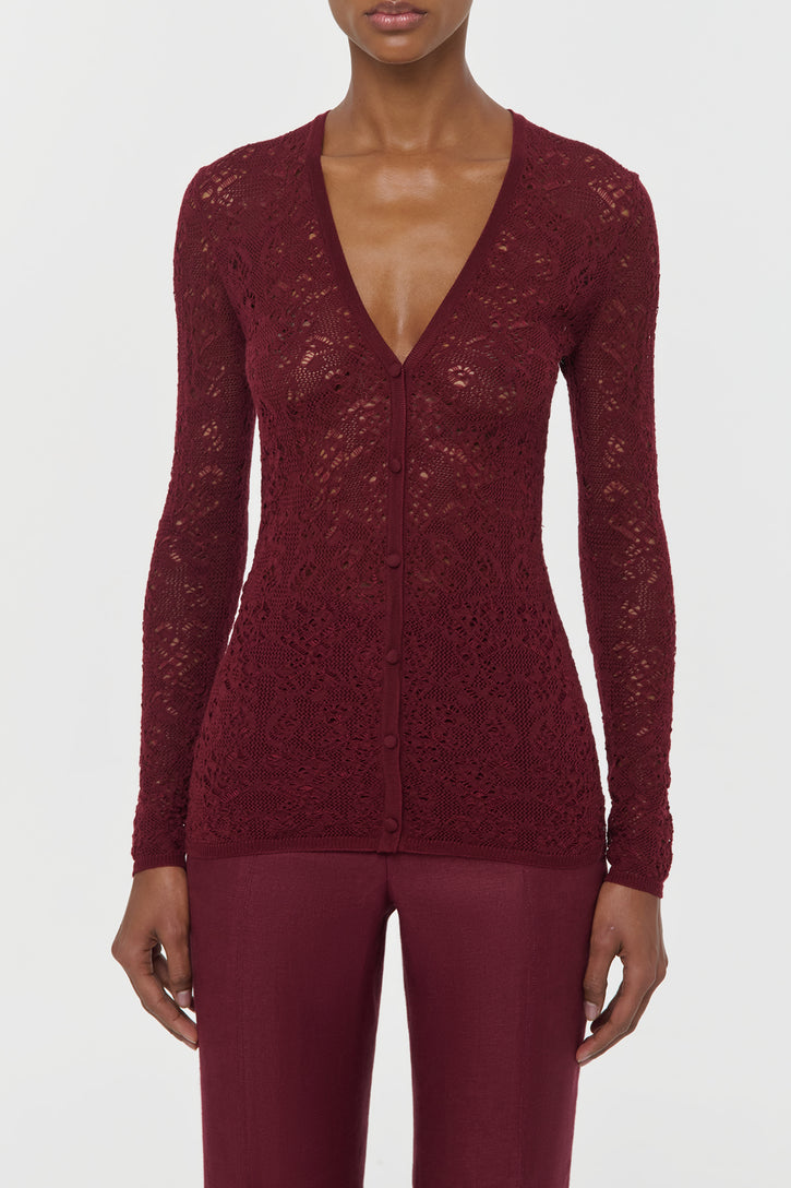 Ultraris Lace Knit Cardigan in Bordeaux Merino Wool