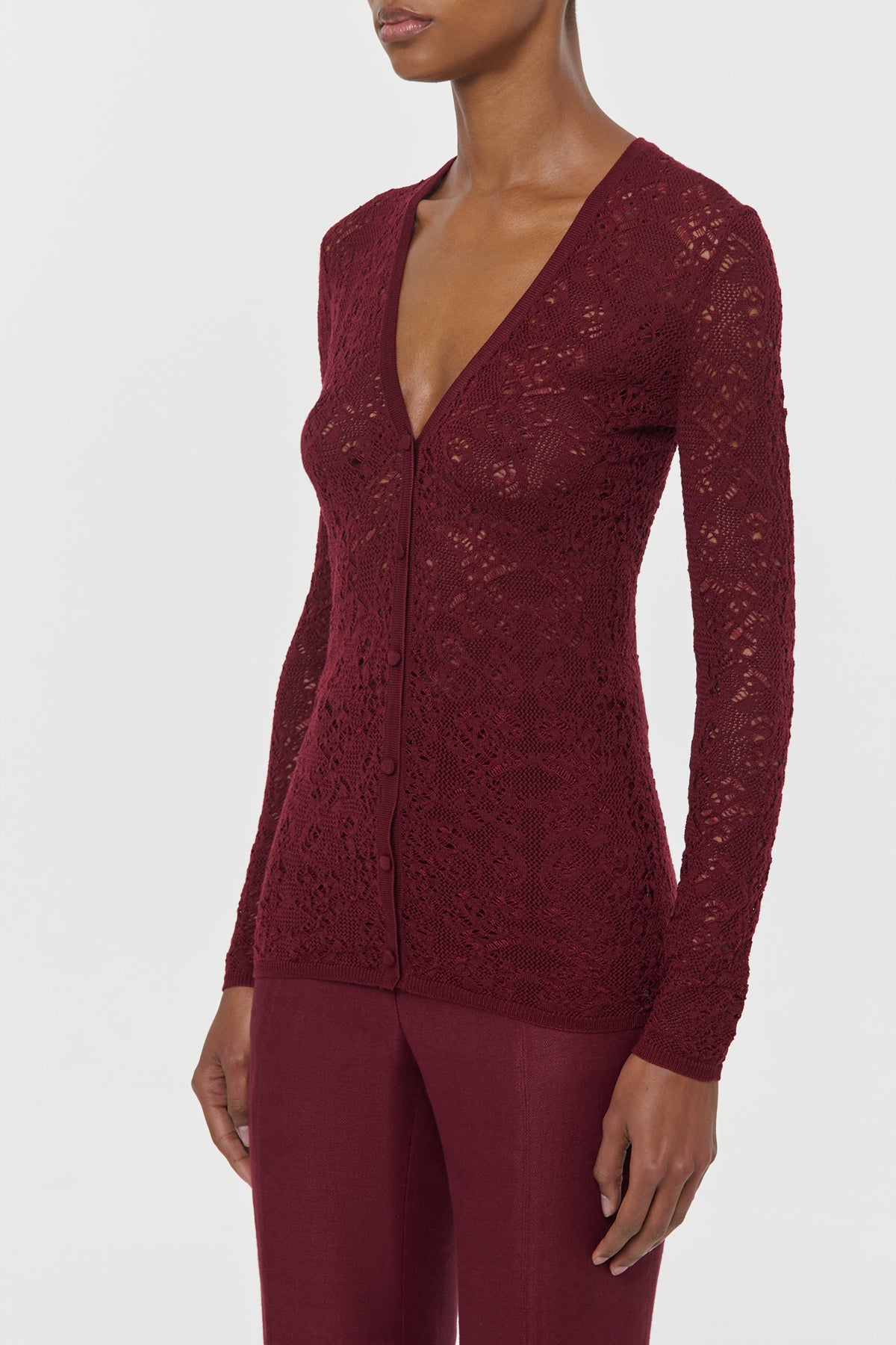 Ultraris Lace Knit Cardigan in Bordeaux Merino Wool